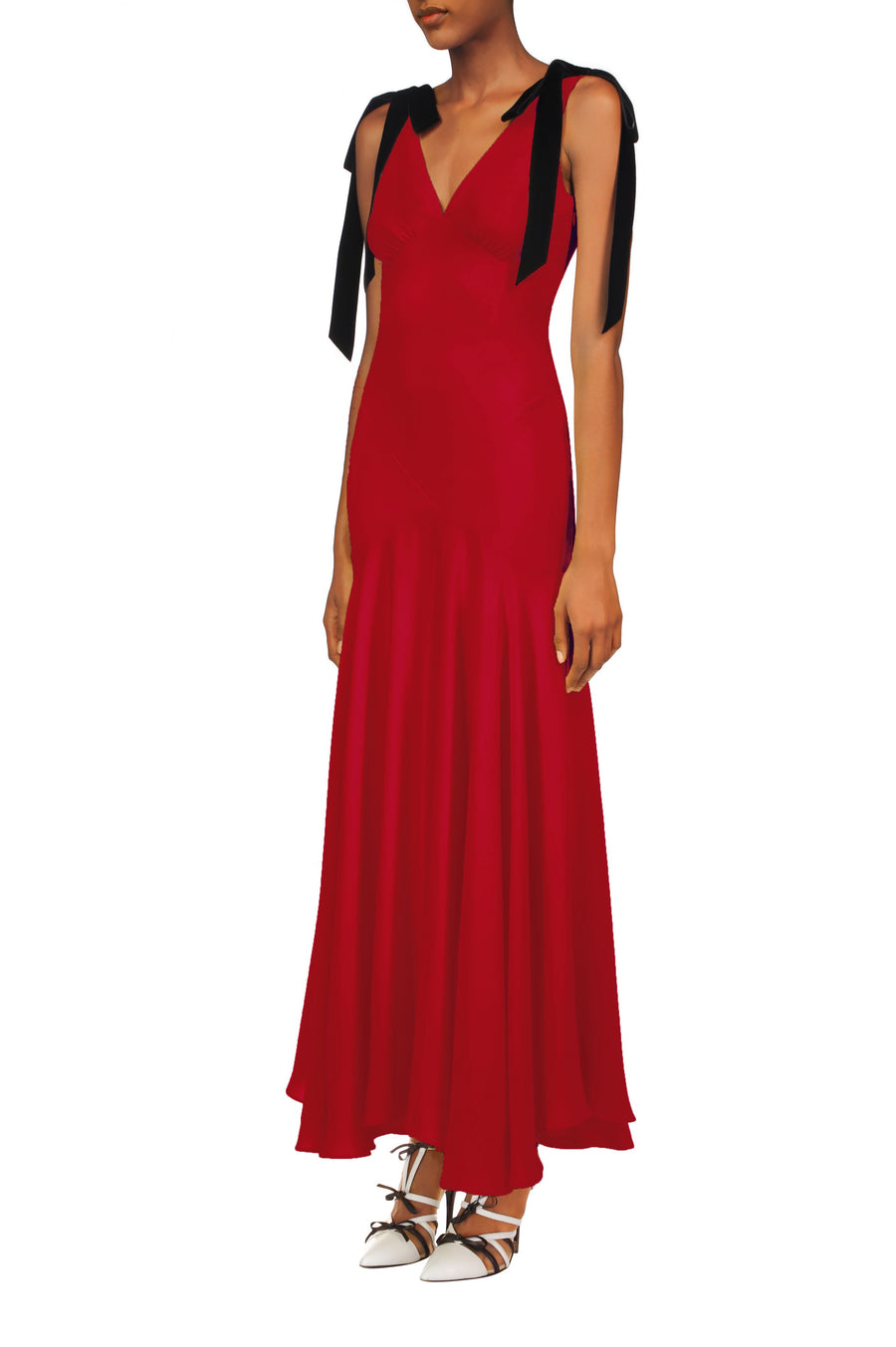 Crimson Silk Crepe Bias Dress With Black Velvet Ribbon Bow Detail