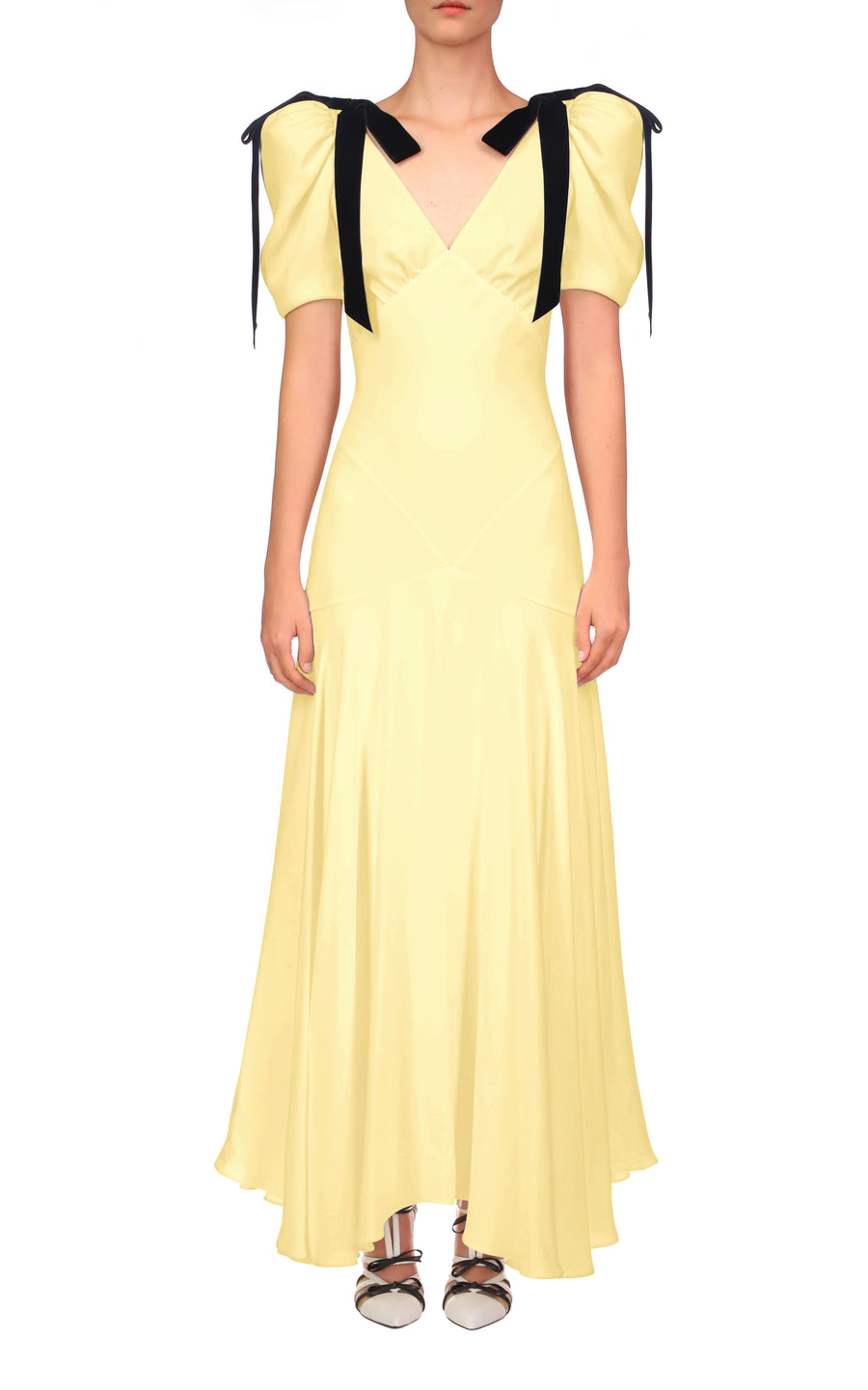 Yellow Silk Crepe Bias Dress With Black Velvet Bow Detail