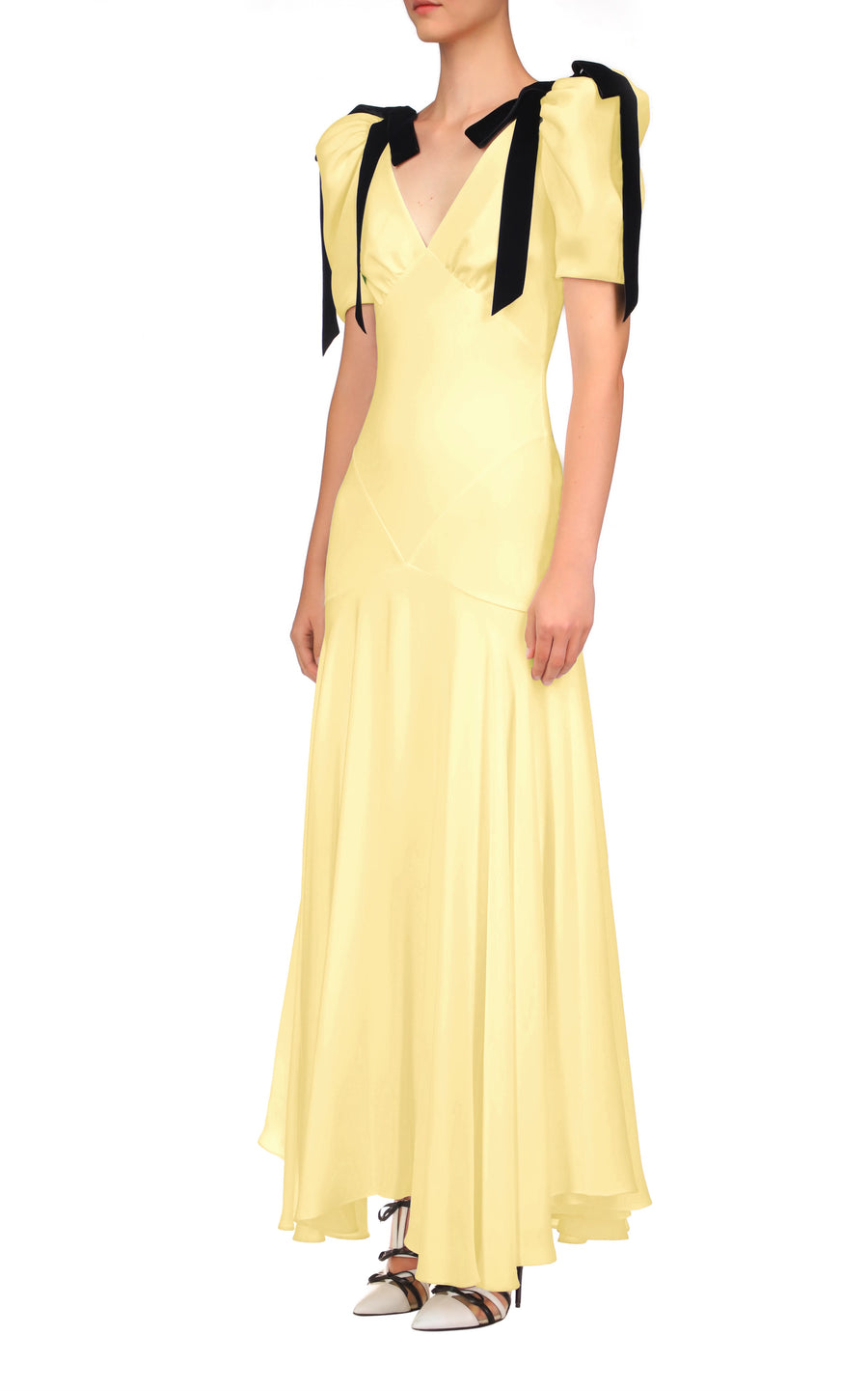 Yellow Silk Crepe Bias Dress With Black Velvet Bow Detail