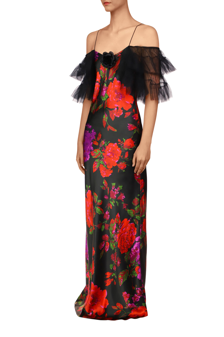 Floral Printed Silk Bias Slip Gown With Ruffle Sleeves And Silk Flower
