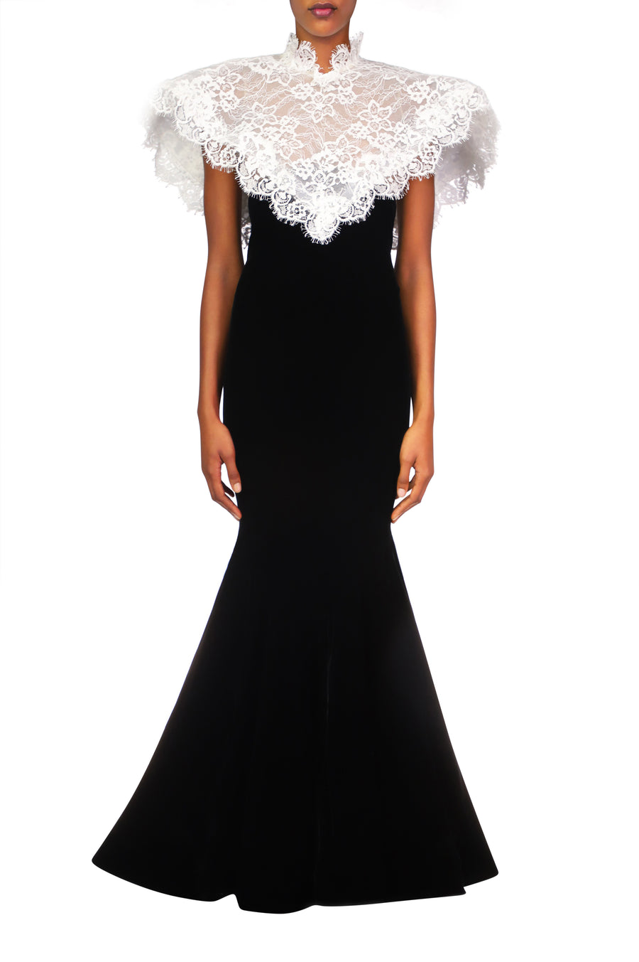 Black Velvet Gown With Off White Lace Collar