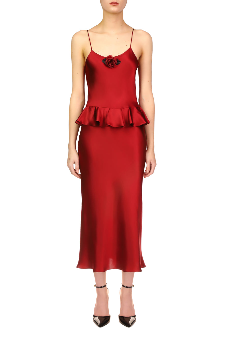 Red Silk Satin Bias Slip Dress With Peplum