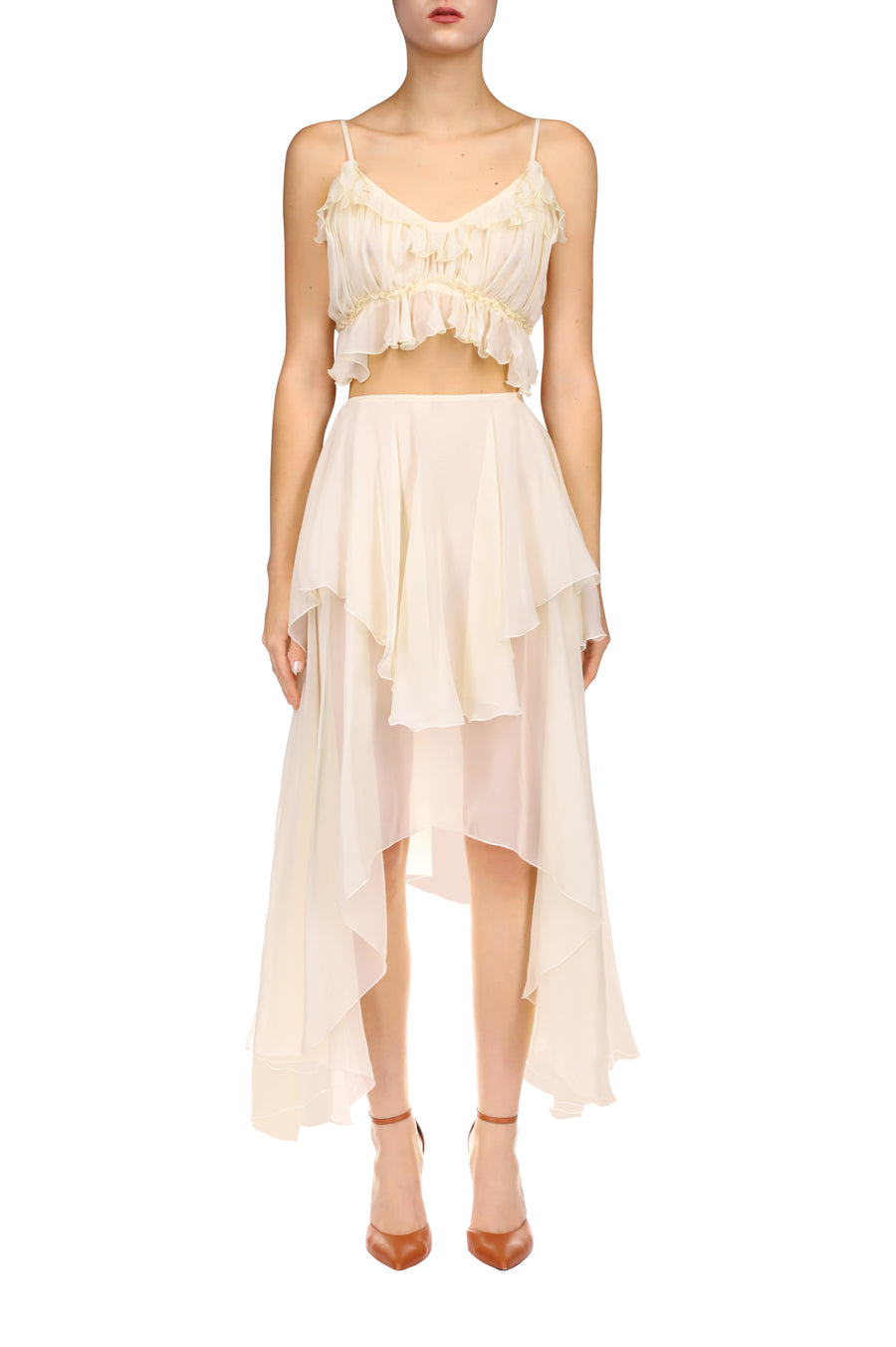 Cream Silk Chiffon Blouse and Tiered Skirt Ensemble