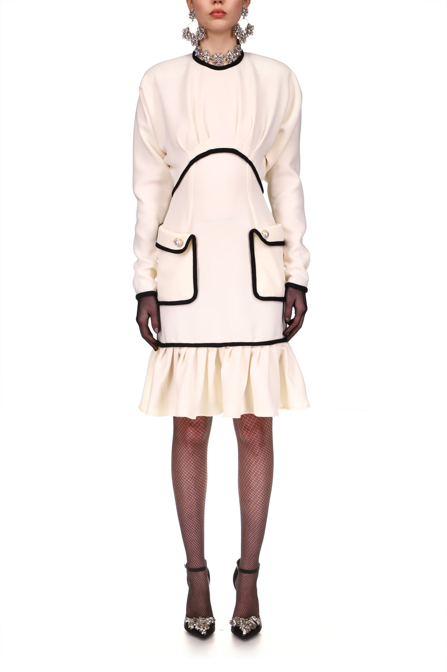 White And Black Wool Batwing Dress With Pearl Buttons
