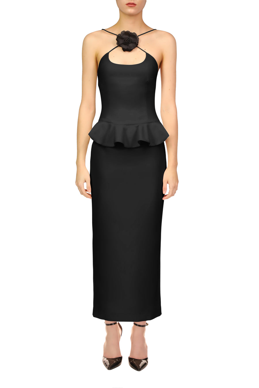 Black Crepe Dress With Peplum Detail And Flower Pin