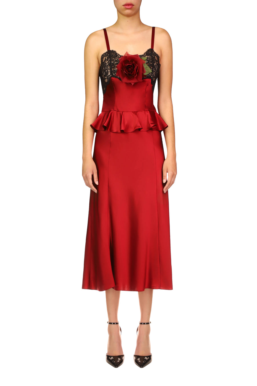 Red Silk Satin Slip Dress With Peplum And Black Lace Details