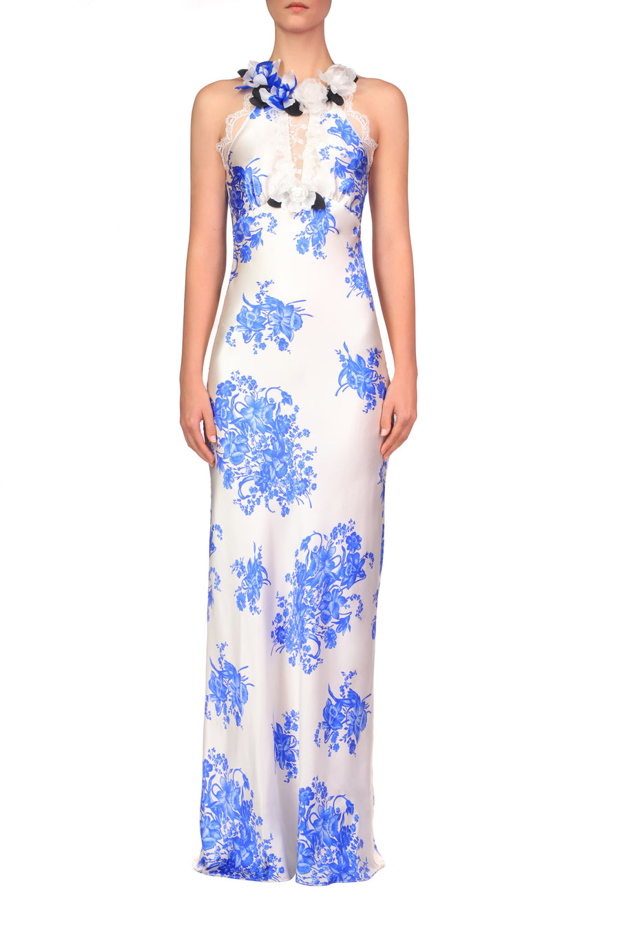 Blue And White Floral Printed Silk Bias Gown With Lace Details