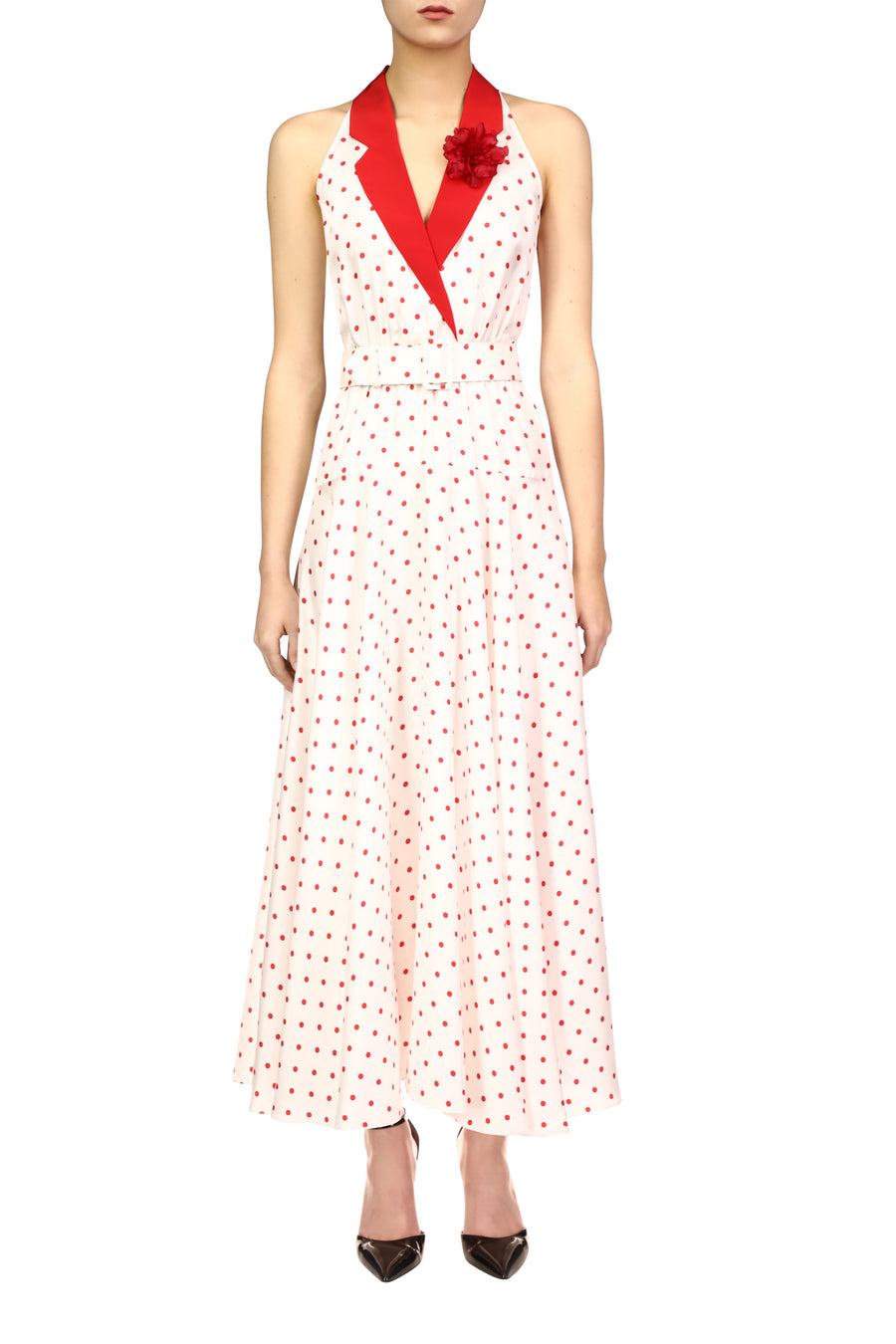 Polka Dot Silk Twill Collared Halter Dress With Belt Detail