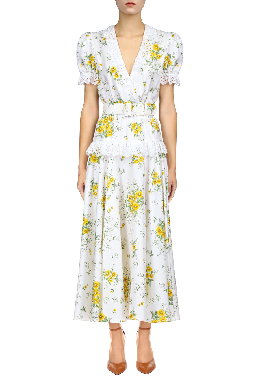 White And Yellow Daisy Silk Twill Dress With Eyelet Ruffle Detail And Belt