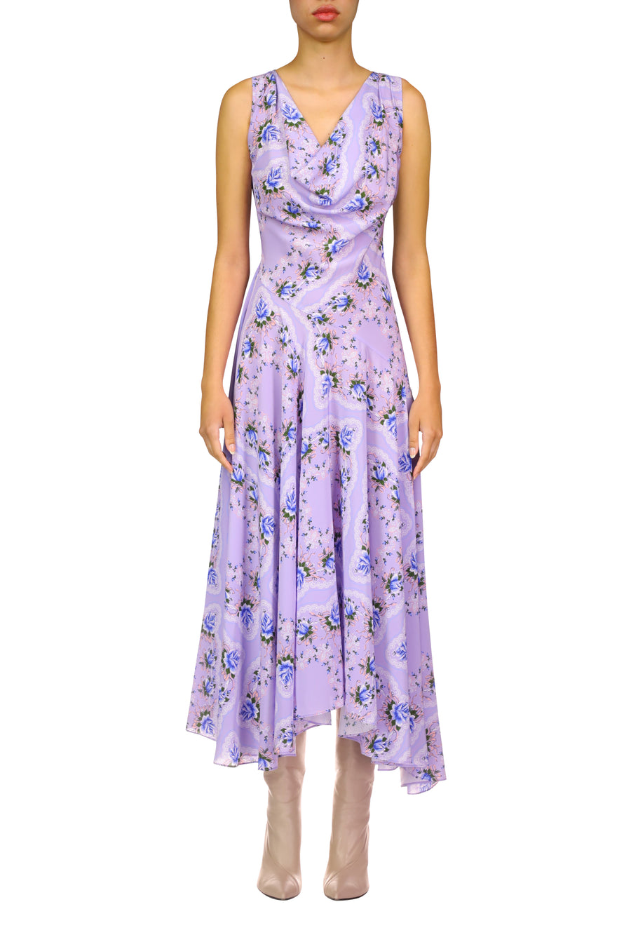 Lavender Floral Silk Cowl Neck Dress With Handkerchief Skirt