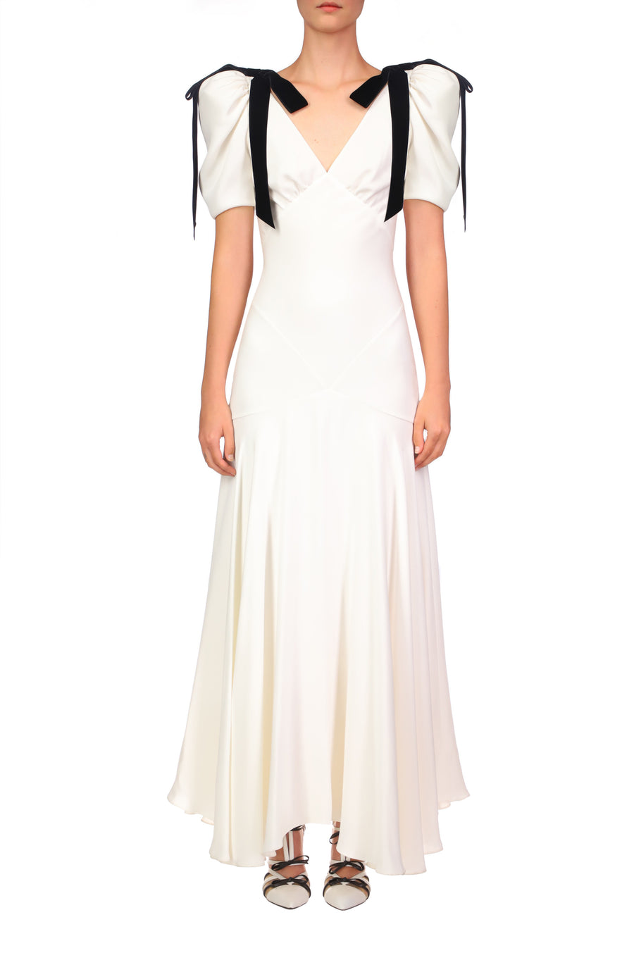 Off White Silk Crepe Bias Dress With Velvet Ribbon Bow Details