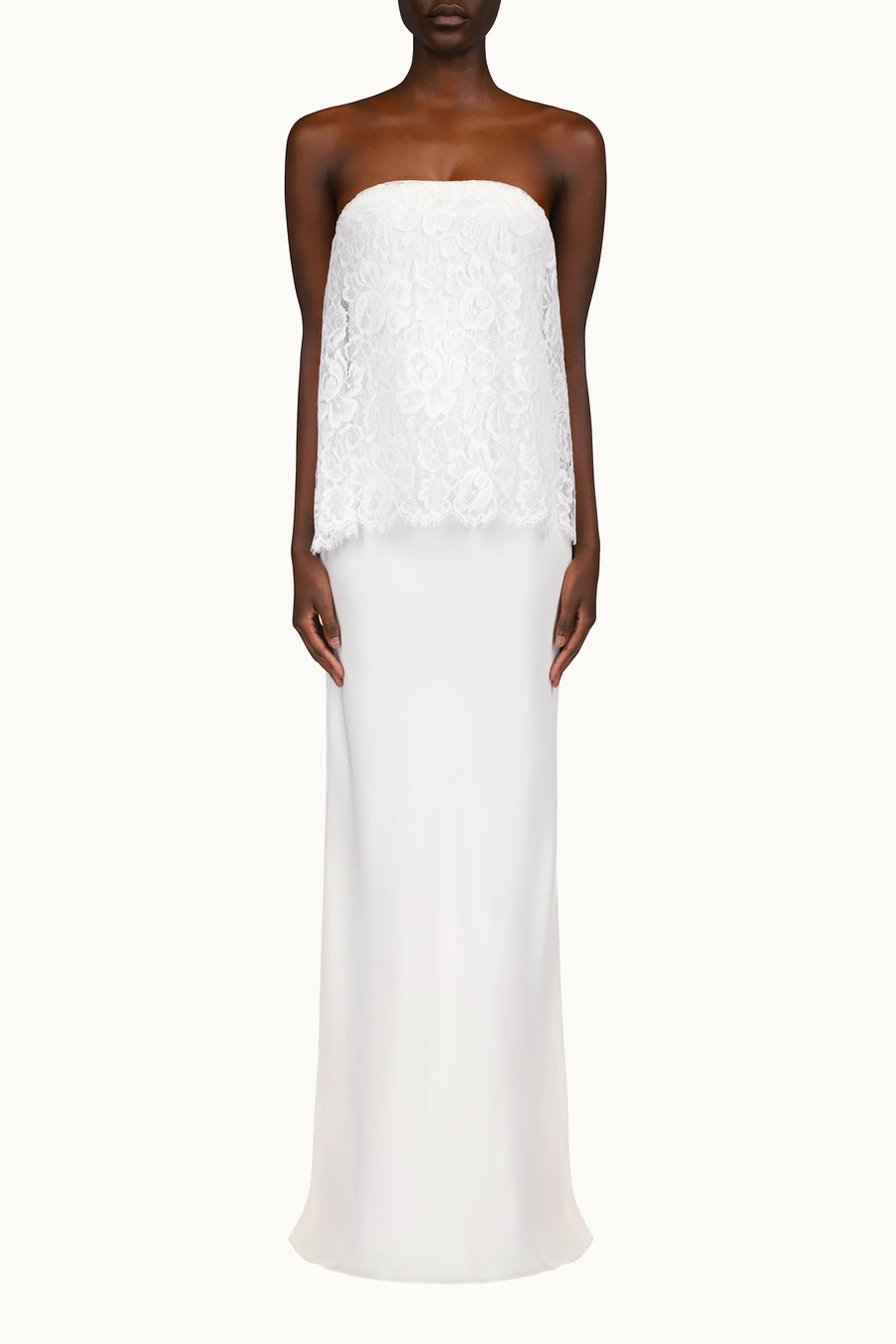 White Silk Crepe Strapless Bias Gown With White Lace Overlay