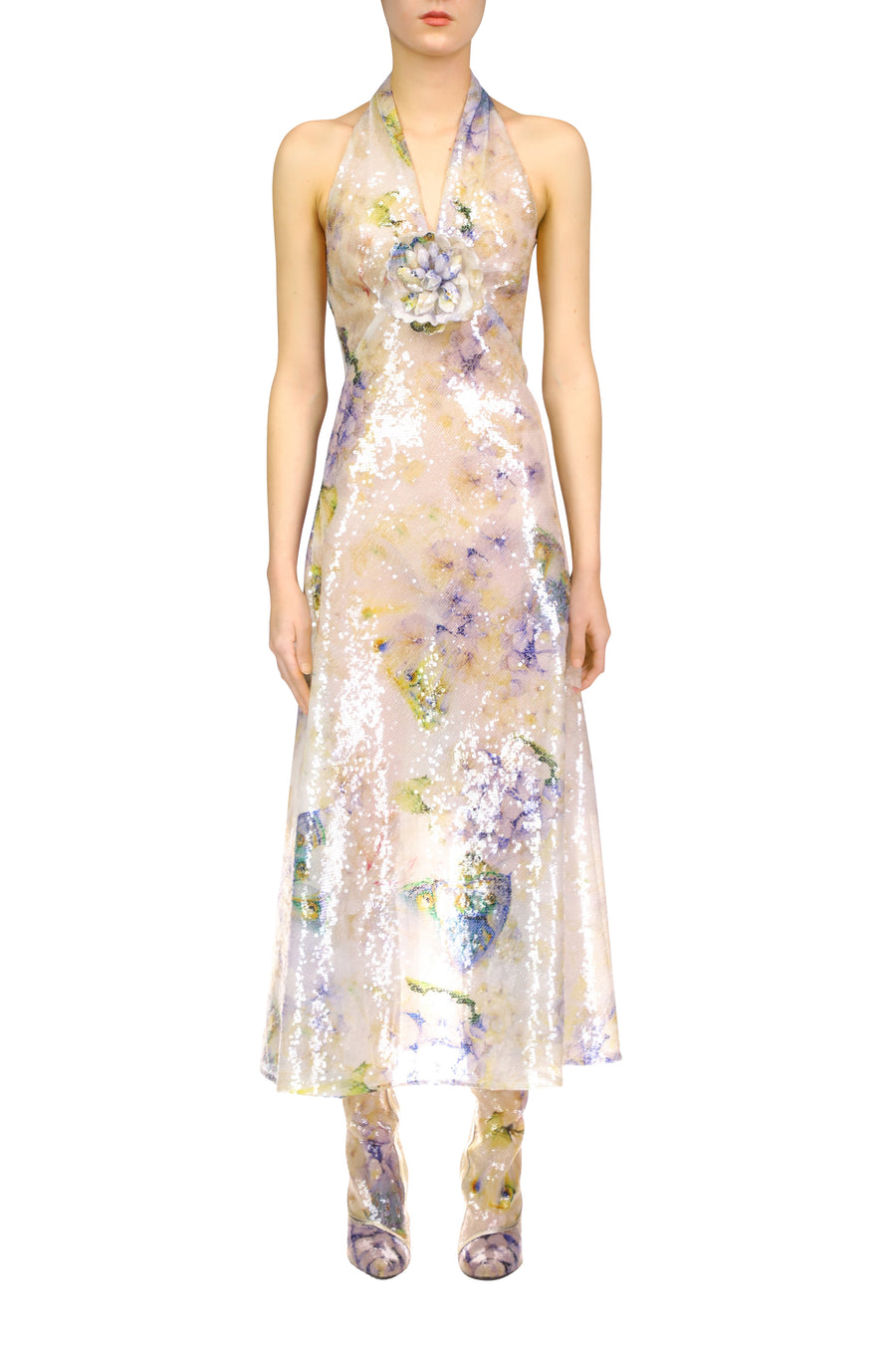 Printed Floral Sequin Halter Dress With Sequin Flower Pin