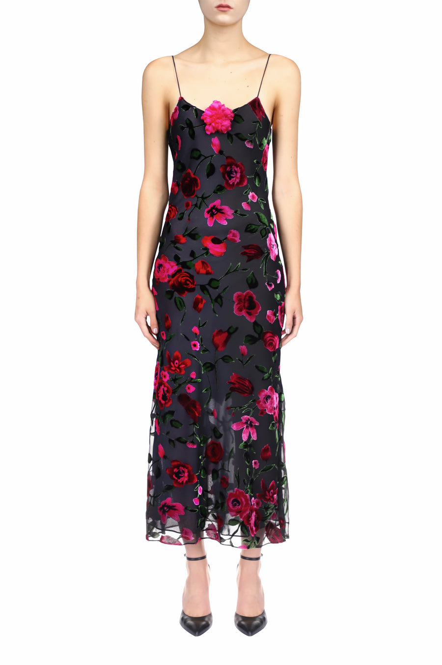 Velvet Devoré Slip Dress With Silk Flower Pin