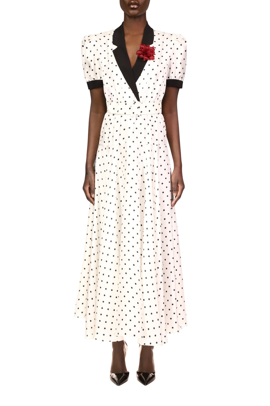 White and Black Polka Dot Silk Twill Collared Dress With Belt