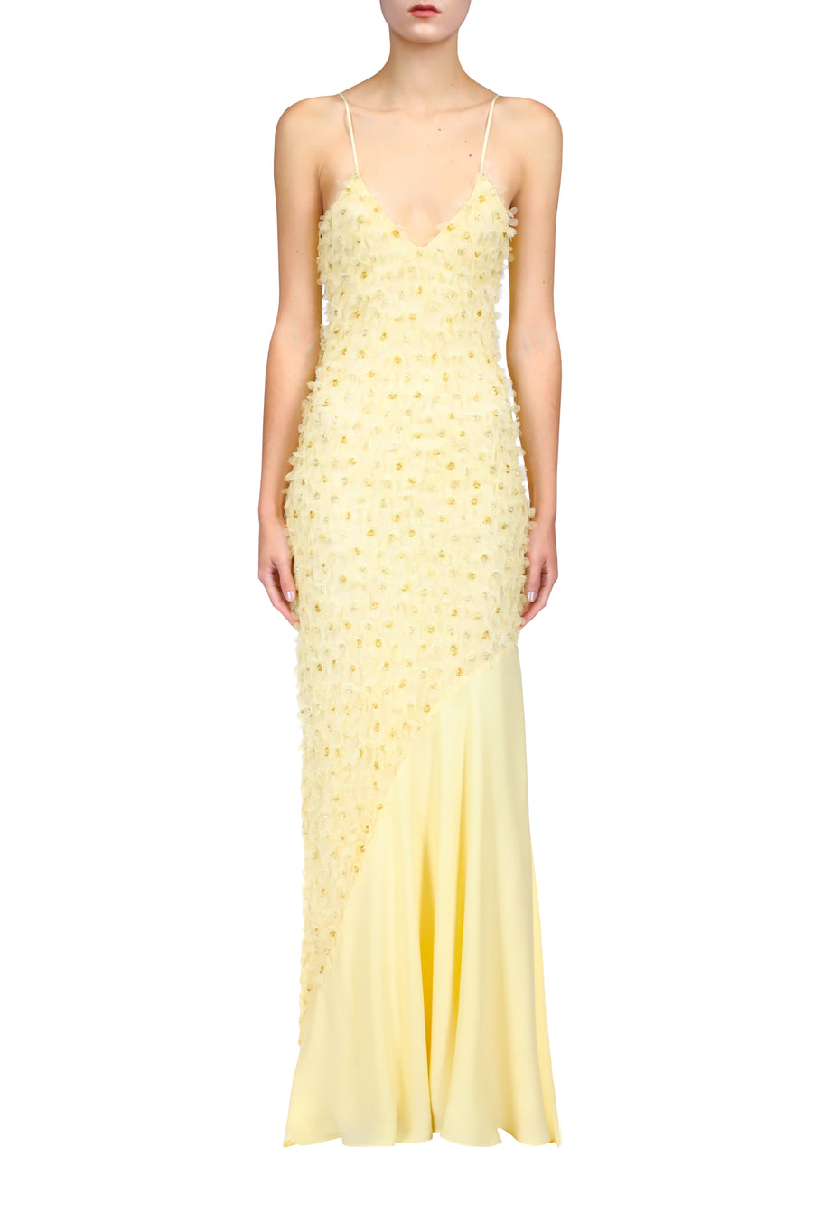 Embroidered Bias Slip Gown With Applique Flowers and Georgette Insert