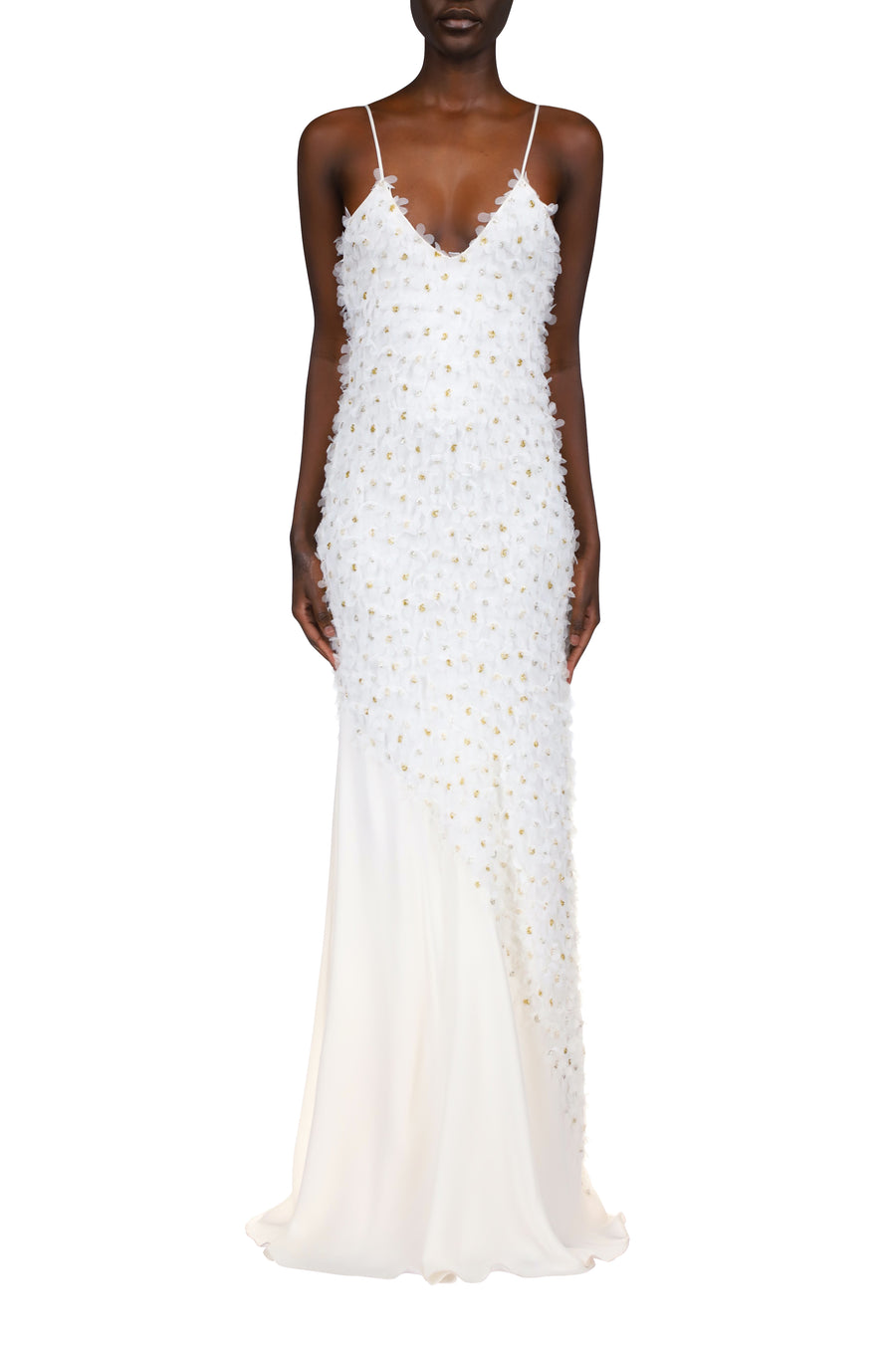 Embroidered Bias Slip Gown With Applique Flowers And Georgette Insert