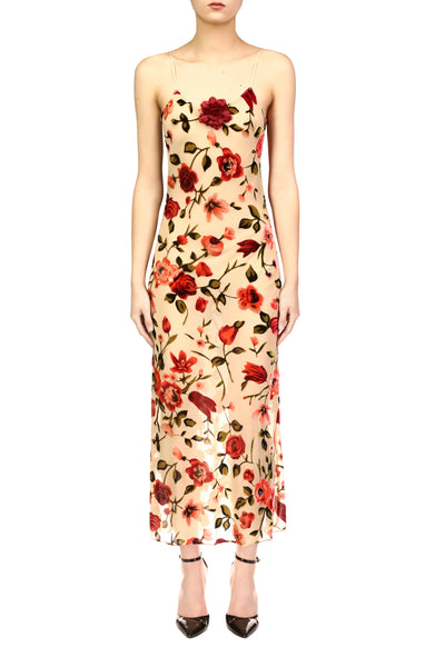 ワンピース FLOWER PRINT VELOUR DRESS FLORAL PRINT RUFFLED-HEM VELOUR DRESS｜FETICO