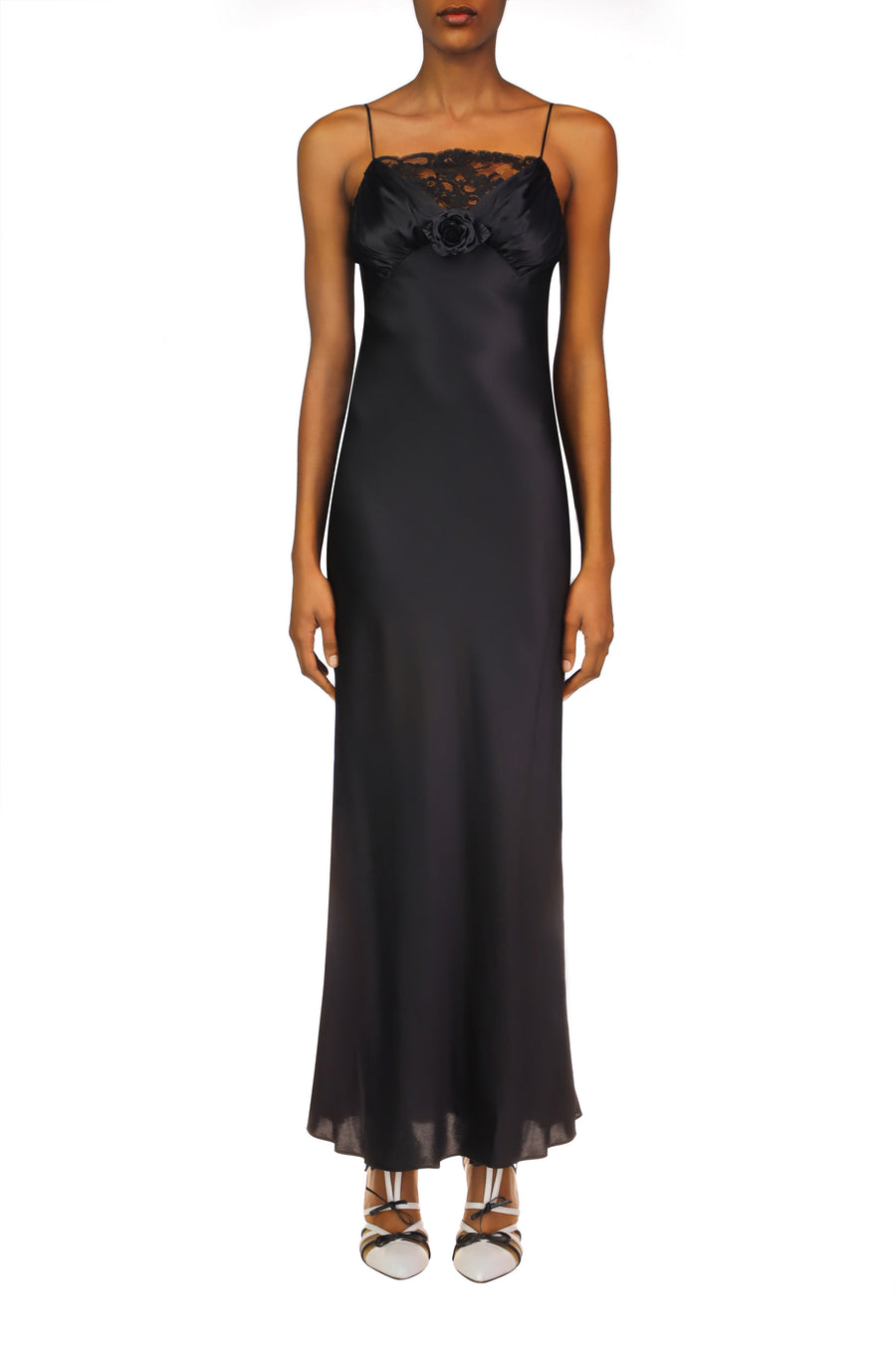 Black Silk Satin Bias Dress With Ruched Bust And Black Lace Detail