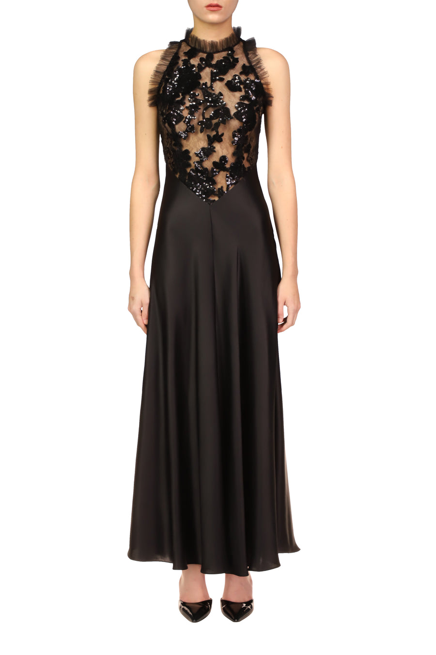 Black Silk Satin And Sequin Dress With Tulle Ruffle Detail