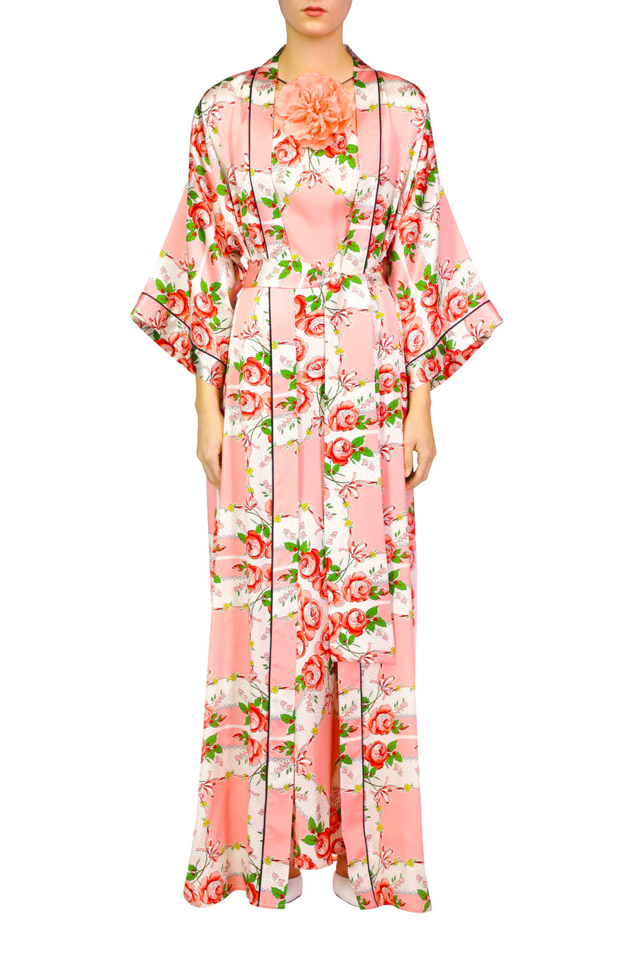 Pink Rose Printed Silk Satin Long Robe