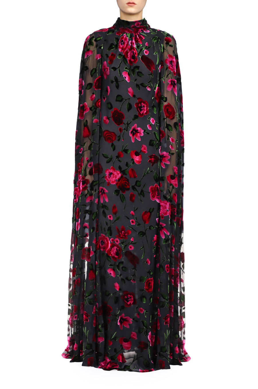 Black and Pink Floral Velvet Devoré Cape Gown