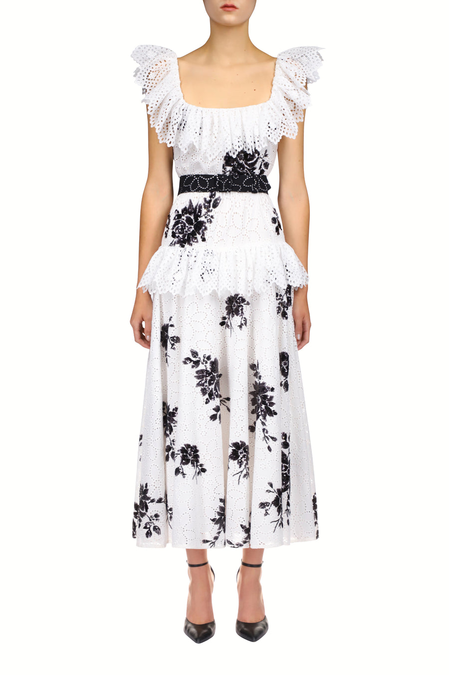 White Cotton Eyelet Dress With Floral Sequins, Eyelet Ruffle Detail And Belt