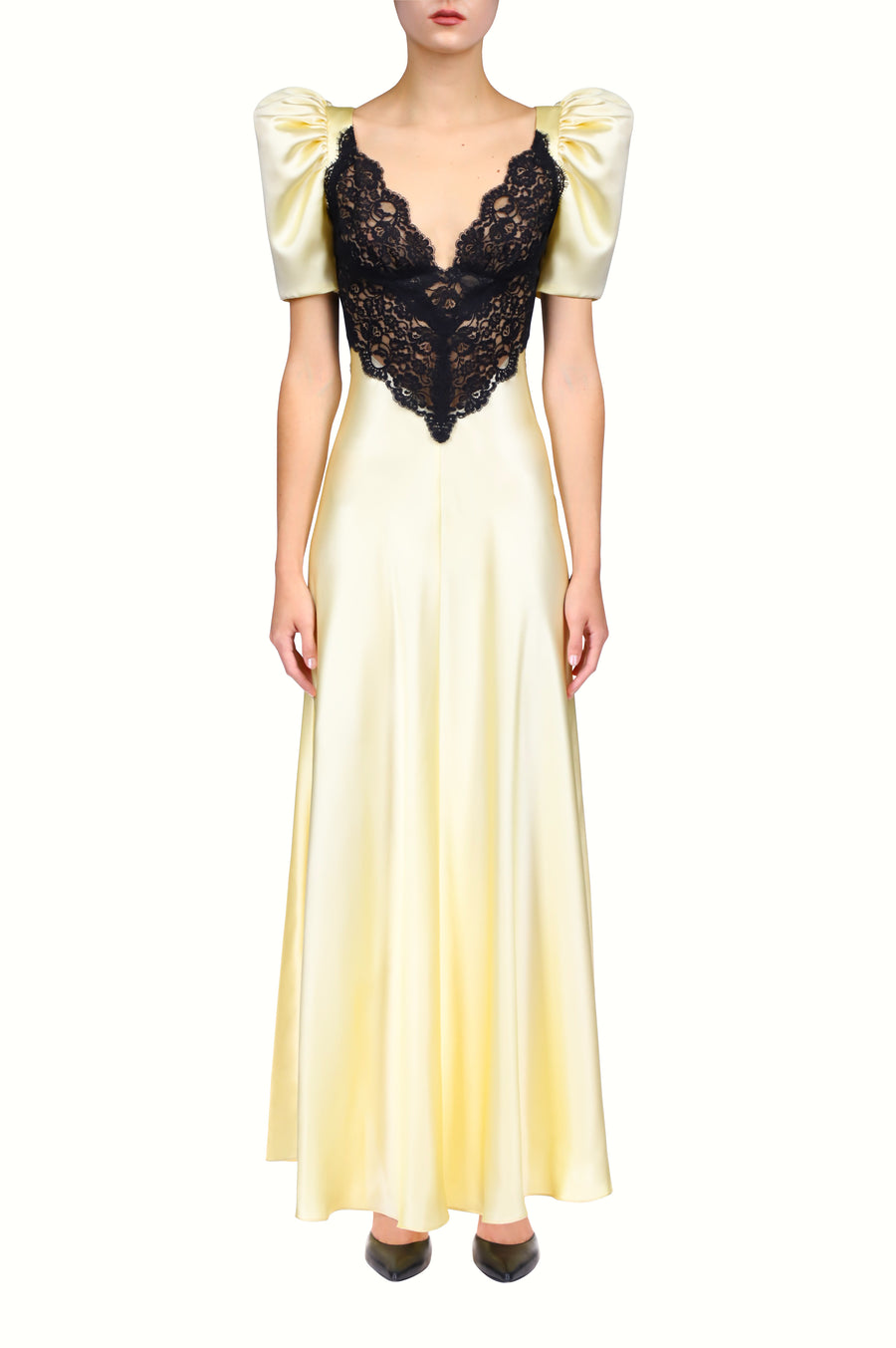 Yellow Silk Satin Bias Dress With Black Lace Bodice Detail