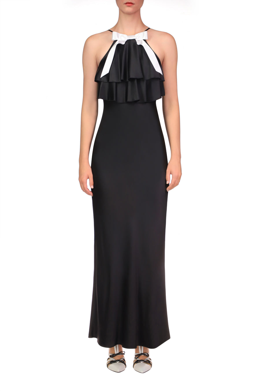 Black Charmeuse Bias Tiered Ruffle Halter Dress With White Bow Detail