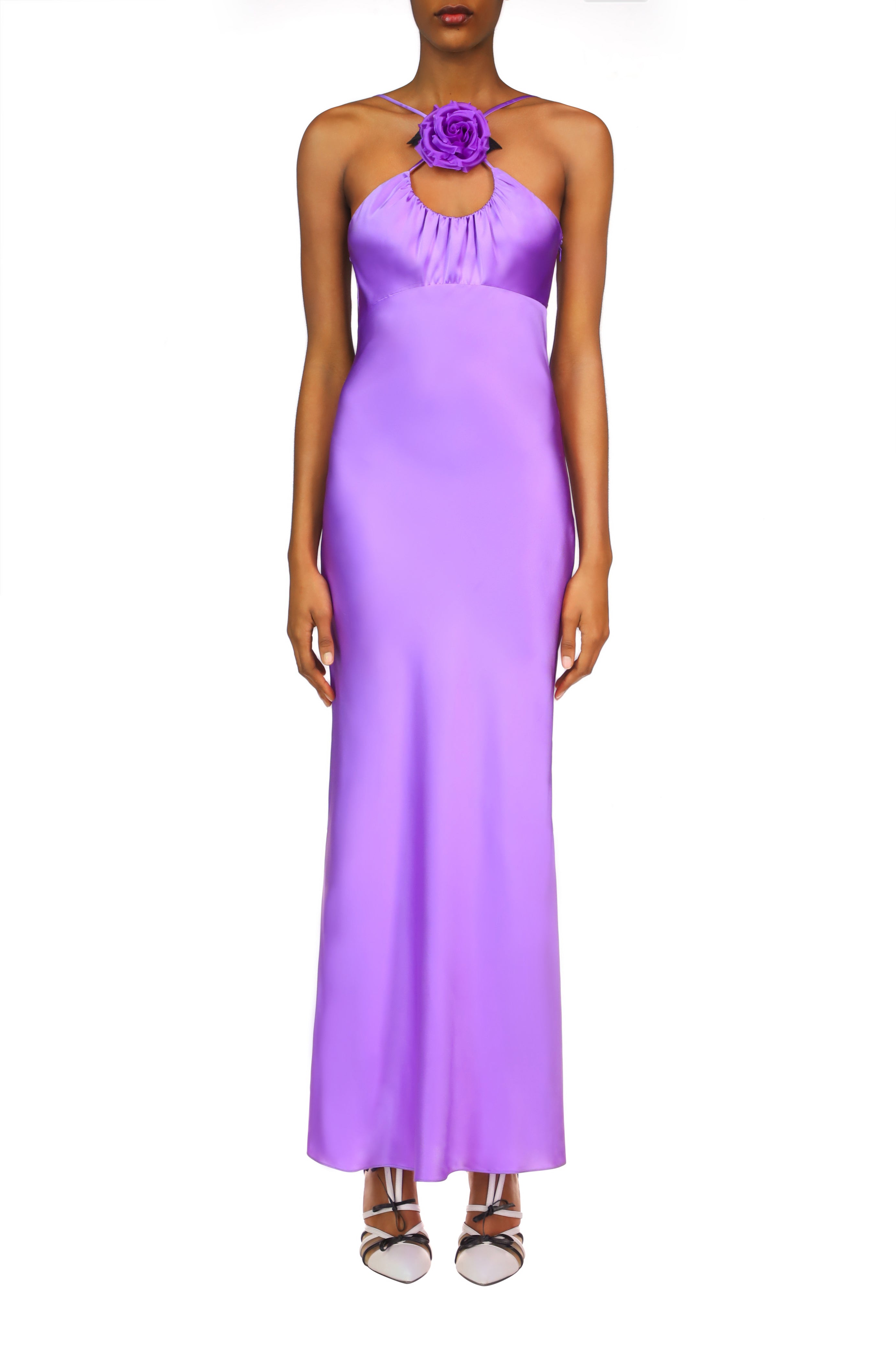 Purple Silk Satin Bias Dress With Ruched Bust And Silk Flower Detail ...