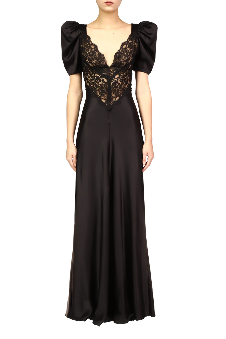 Black Silk Short Sleeve Gown With Black Lace Details Black Silk Short Sleeve Gown With Black Lace Details