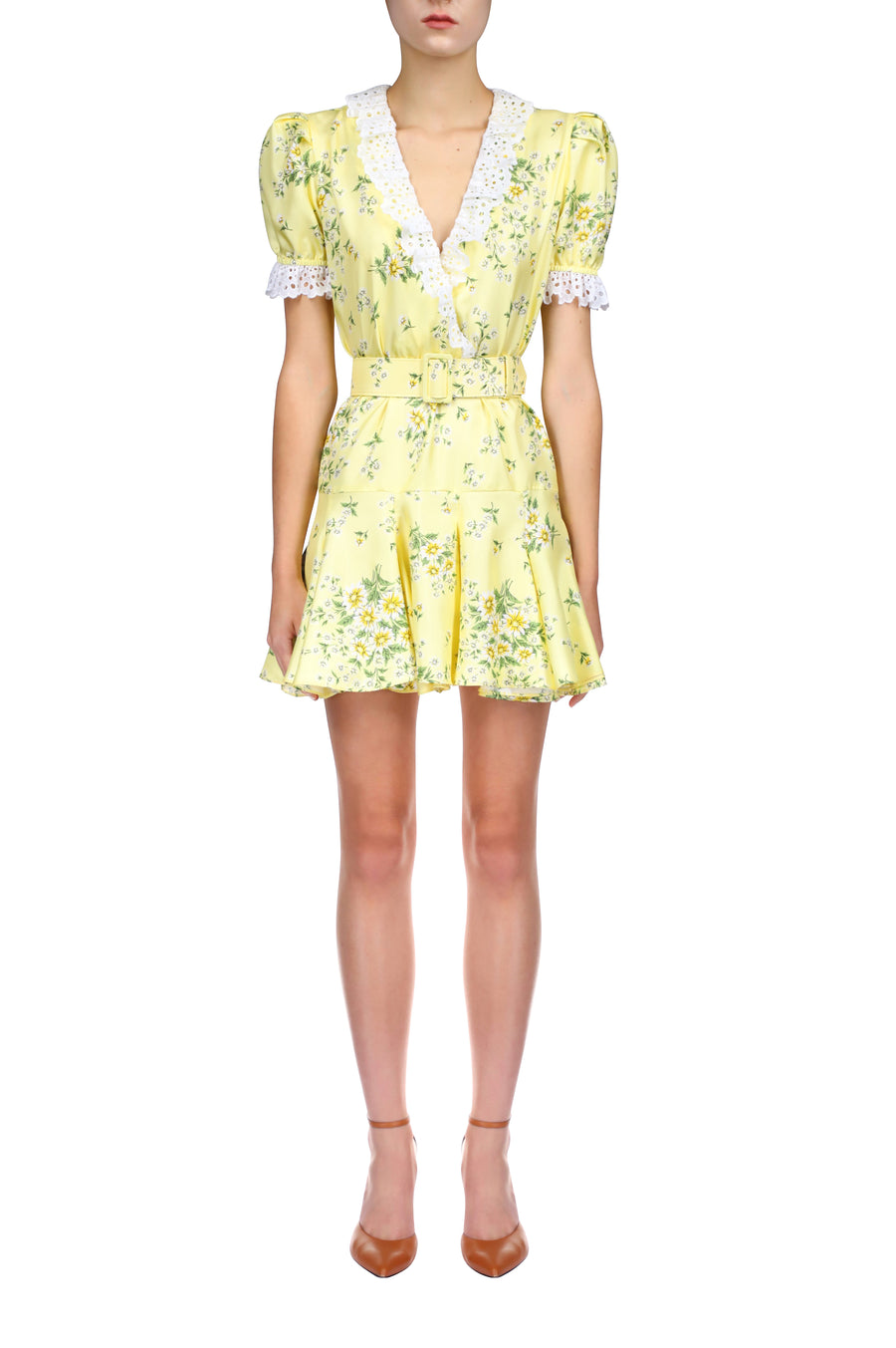 Yellow Daisy Silk Twill Mini Dress With Eyelet Ruffle Detail And Belt