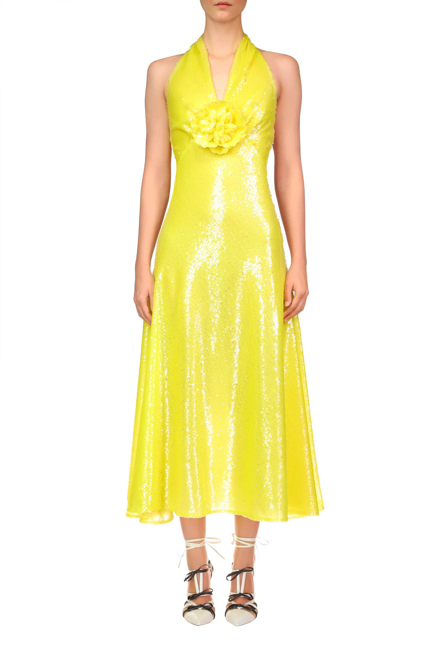 Yellow Sequin Halter Bias Dress With Flower Detail