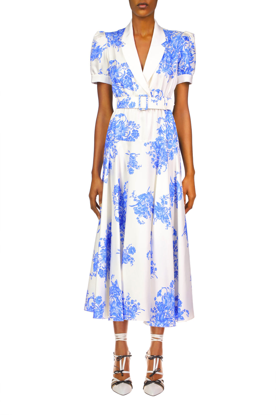 White And Blue Floral Printed Silk Twill Collared Dress With Belt