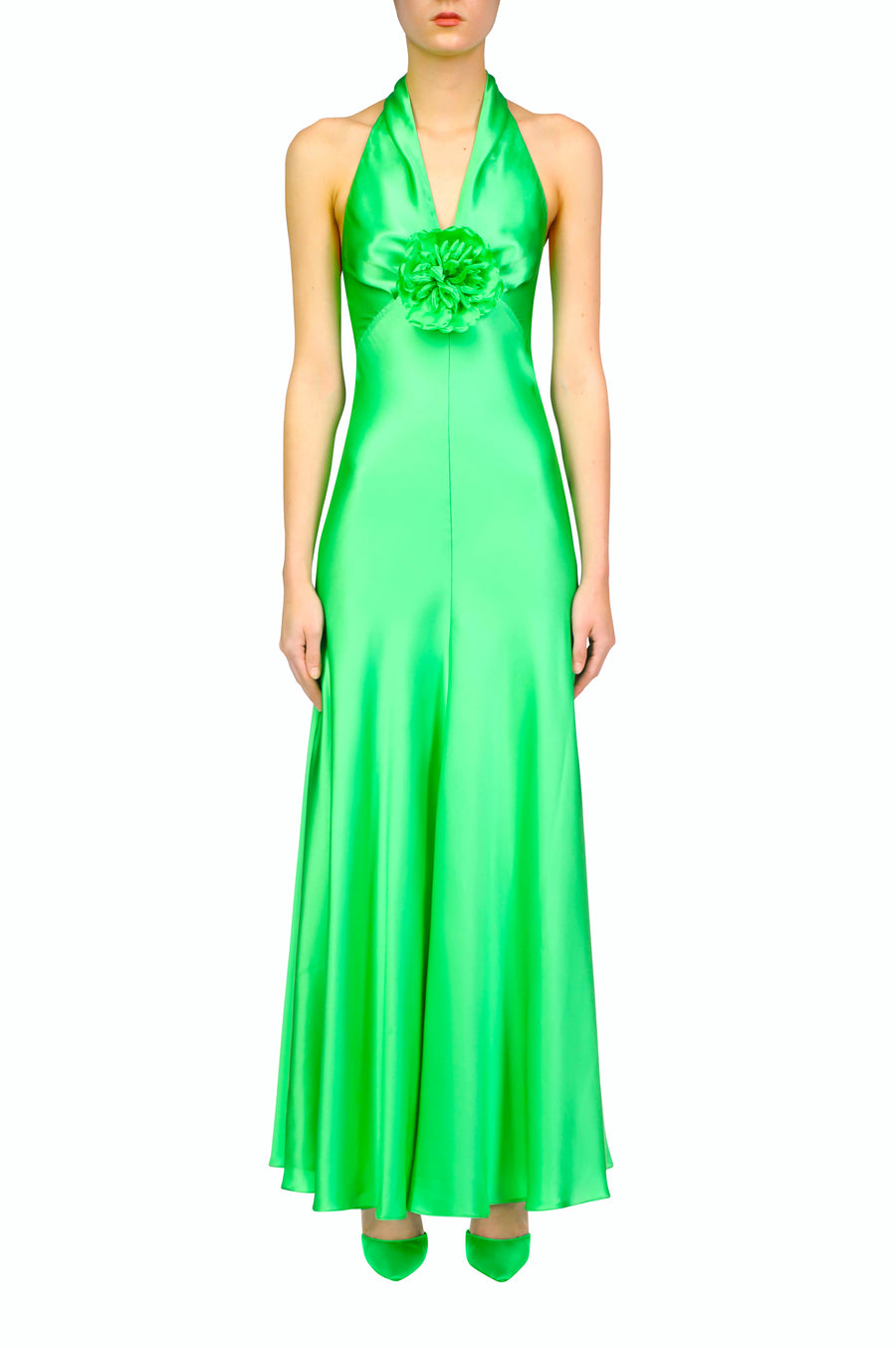 Green Silk Satin Halter Dress With Silk Flower Pin