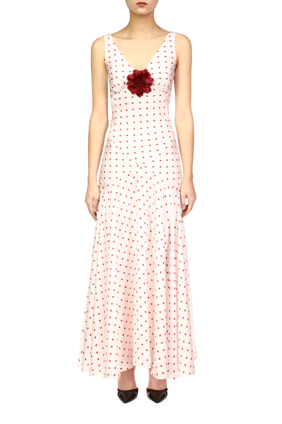 Red Polka Dot Silk Twill Bias Dress With Flower Detail