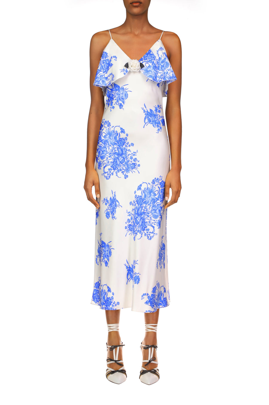 Floral Printed Silk Twill Bias Slip Dress With Ruffle And Silk Flower Detail