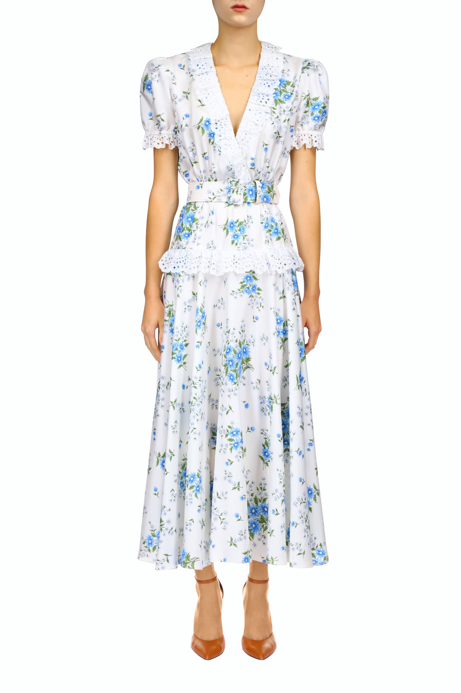 White And Blue Daisy Silk Twill  Dress With Eyelet Ruffle Detail And Belt