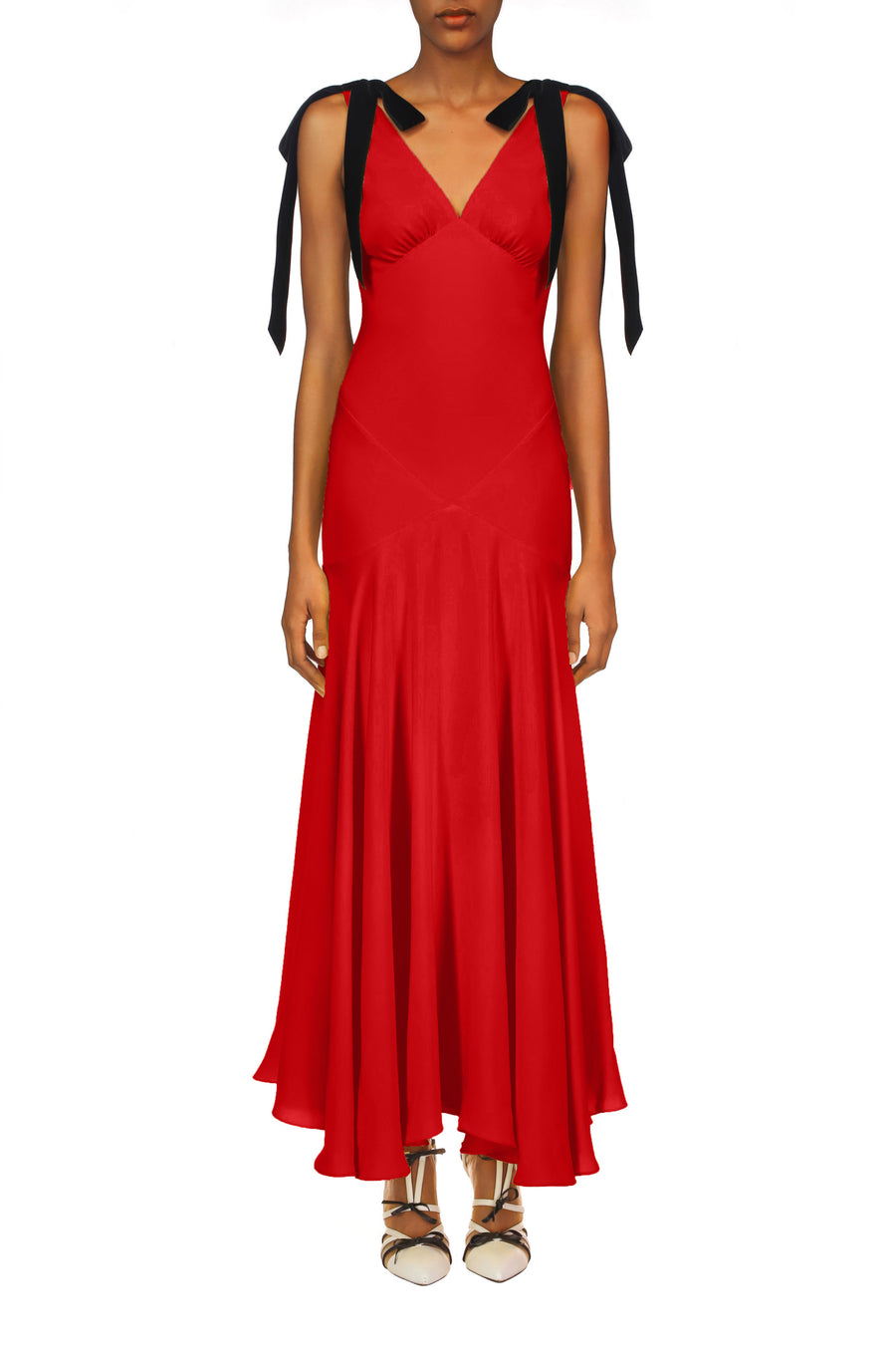 Red Silk Crepe Bias Dress With Black Velvet Ribbon Bow Detail