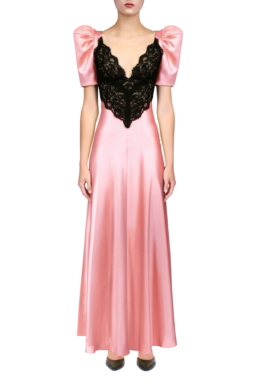 Pink Silk Satin Bias Dress With Black Lace Bodice Detail