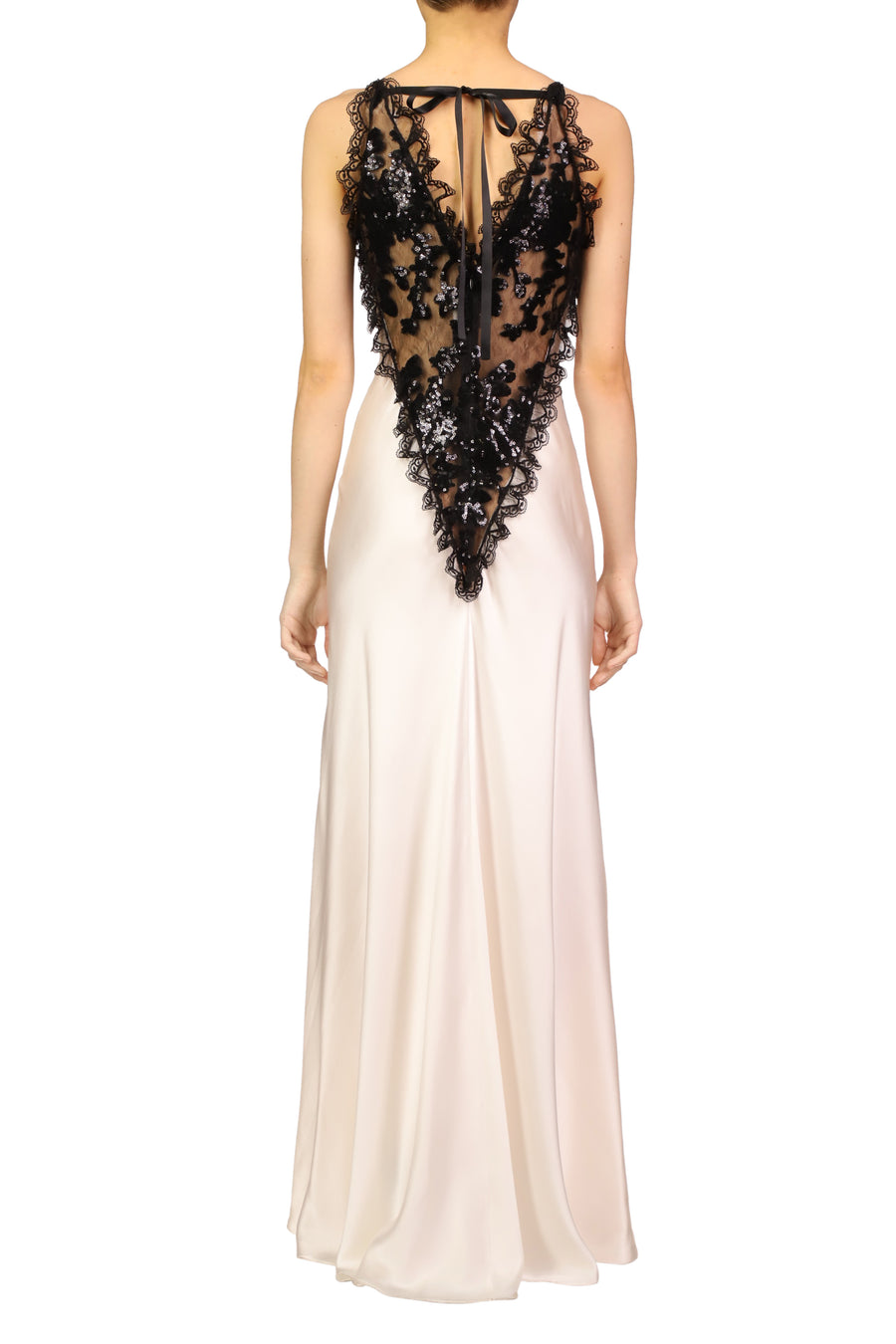 Off White Silk Satin Dress With Sequin And Lace Trim Detail