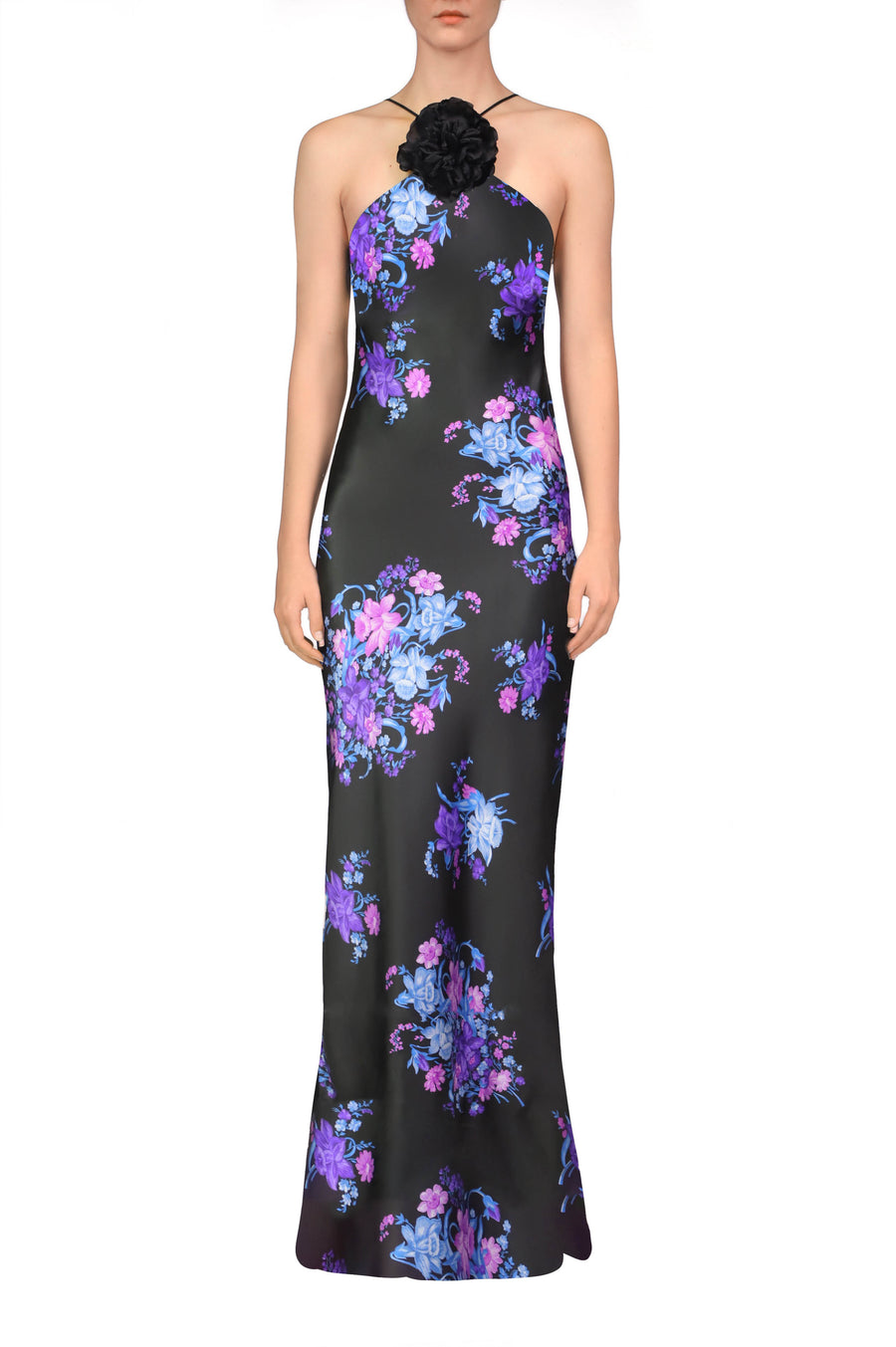 Black Foral Gown With Silk Flower Detail