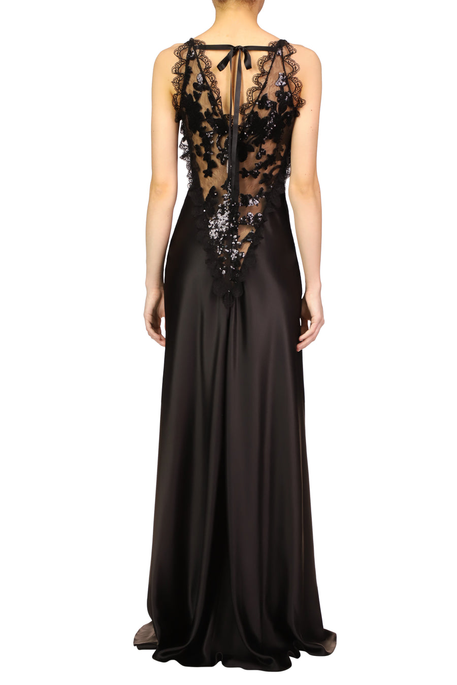 Black Silk Satin Dress With Sequin And Lace Trim Detail