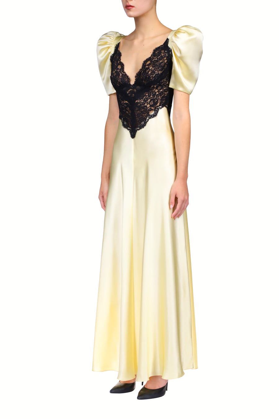 Yellow Silk Satin Bias Dress With Black Lace Bodice Detail