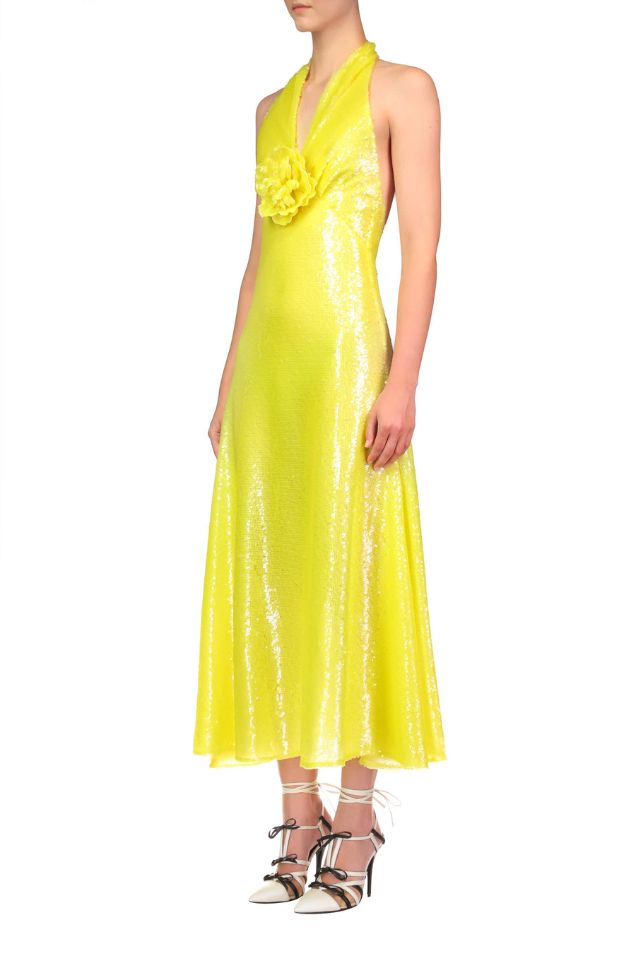 Yellow Sequin Halter Bias Dress With Flower Detail