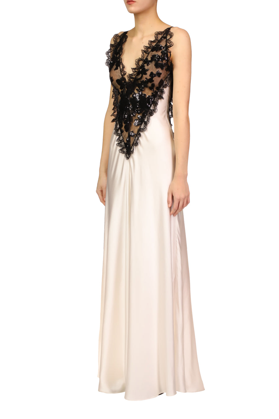 Off White Silk Satin Dress With Sequin And Lace Trim Detail