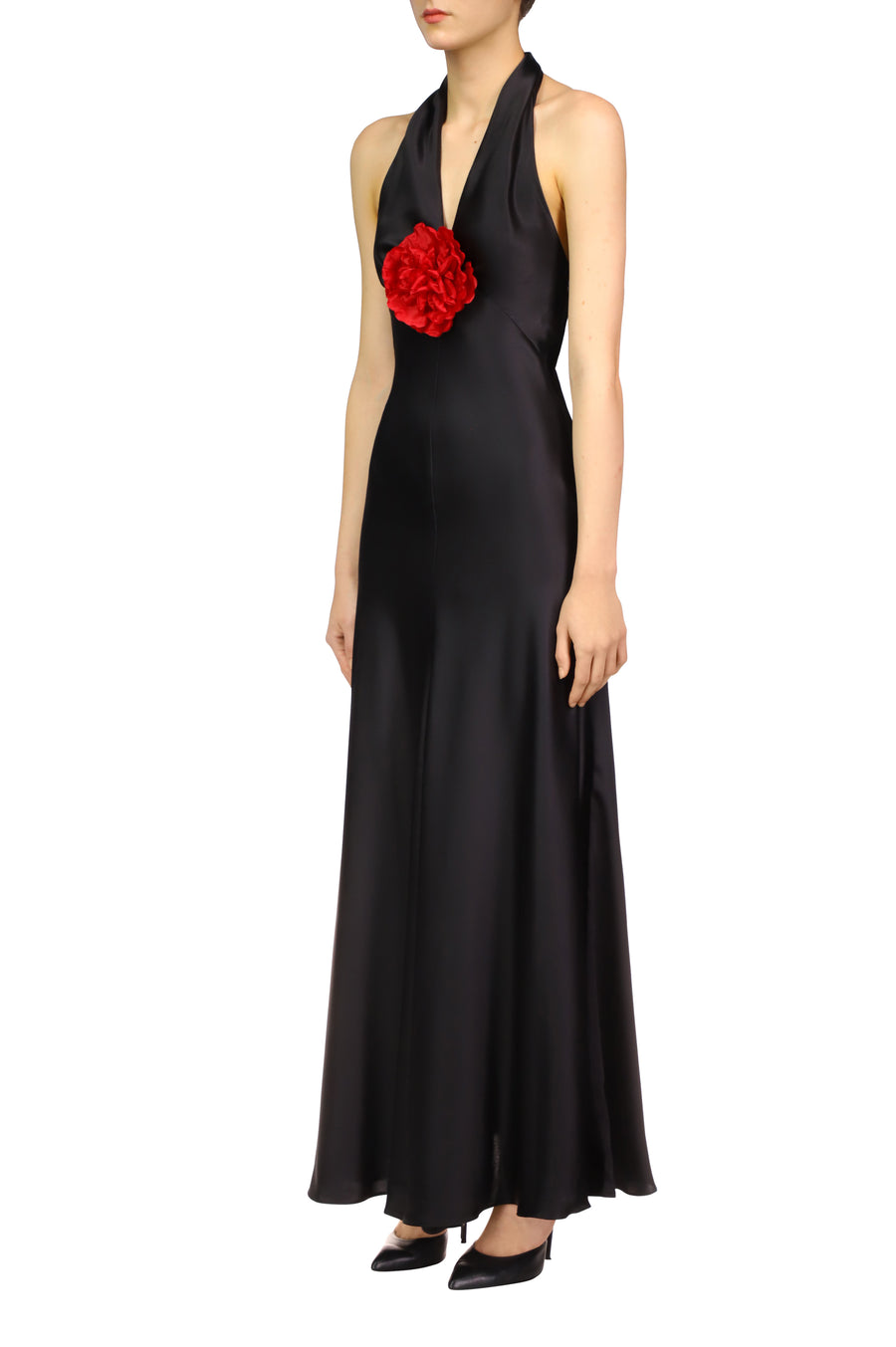 Black Silk Satin Halter Dress With Silk Flower Pin