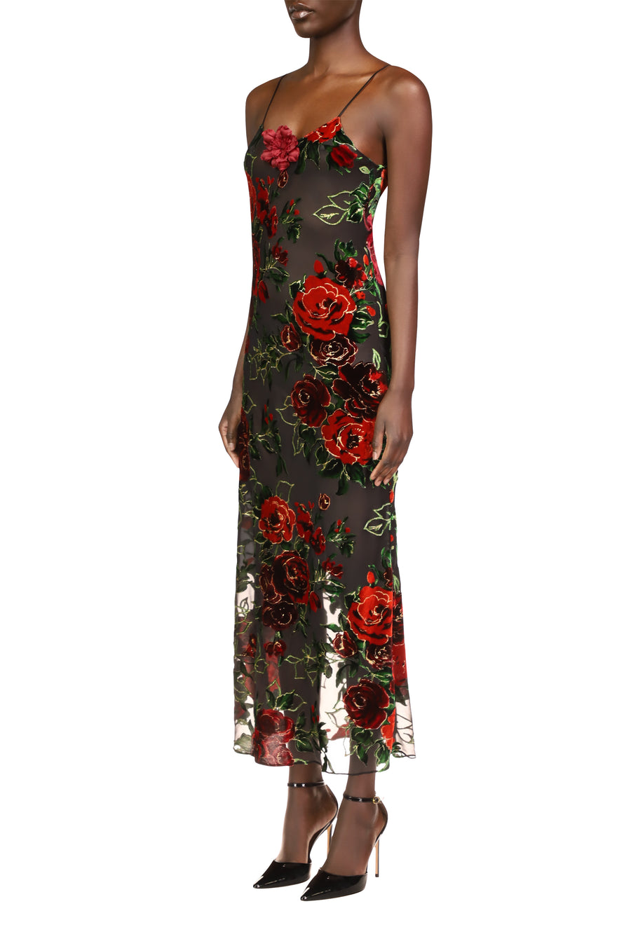 Velvet Devoré Slip Dress With Silk Flower Pin