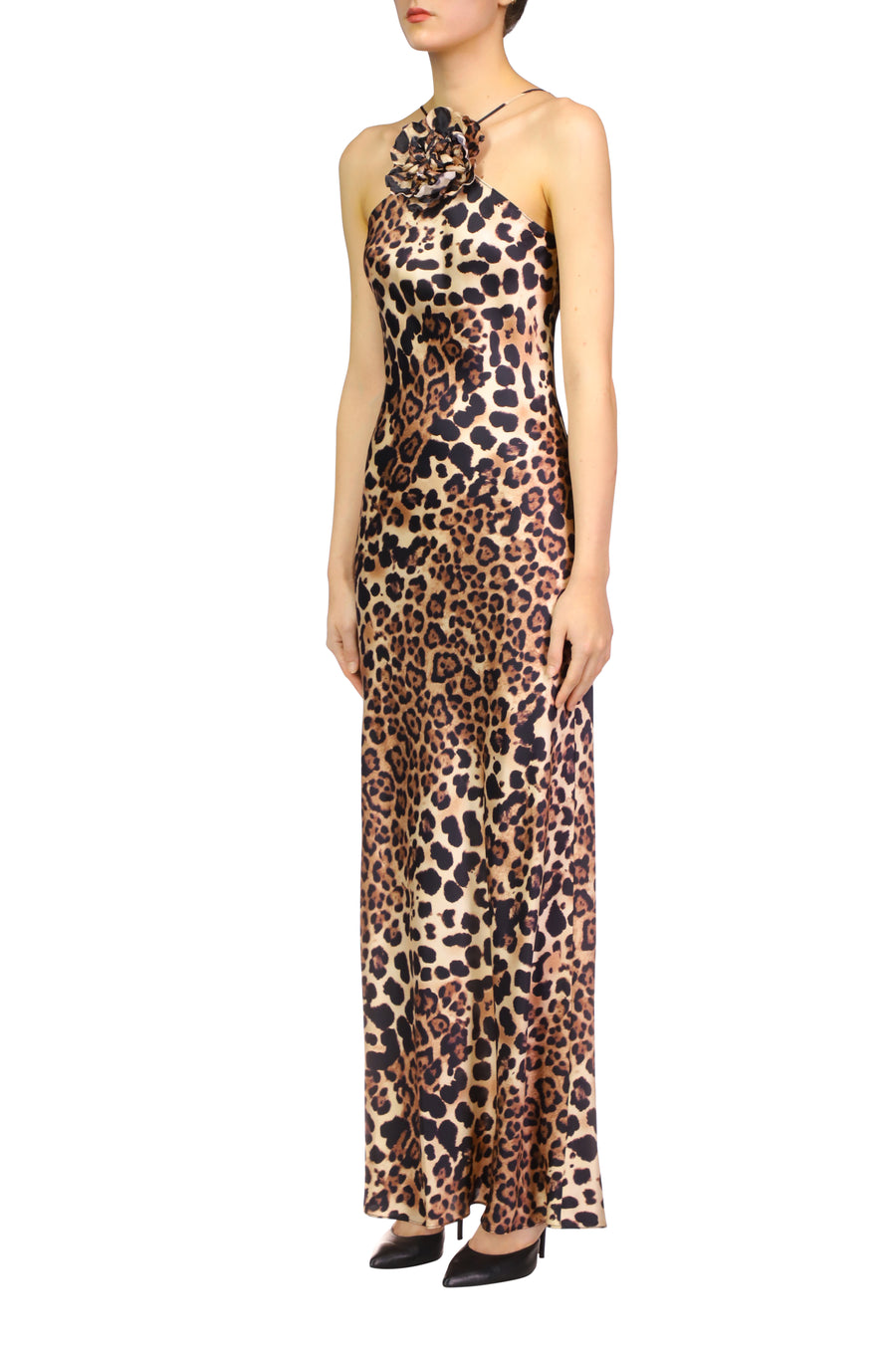 Leopard Printed Silk Satin Bias Halter Gown With Silk Flower Pin