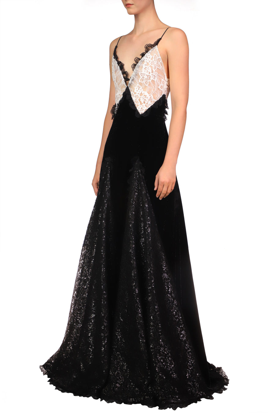 Metallic Black And White Lace And Velvet Gown With Lace Godets